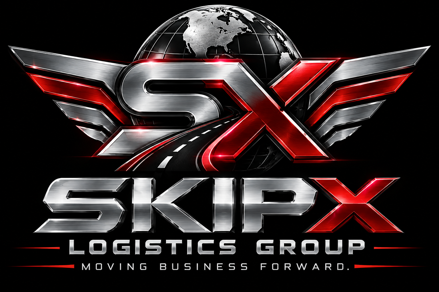 Official SKIPX Logistics Group logo with winged SX emblem, globe and roadway